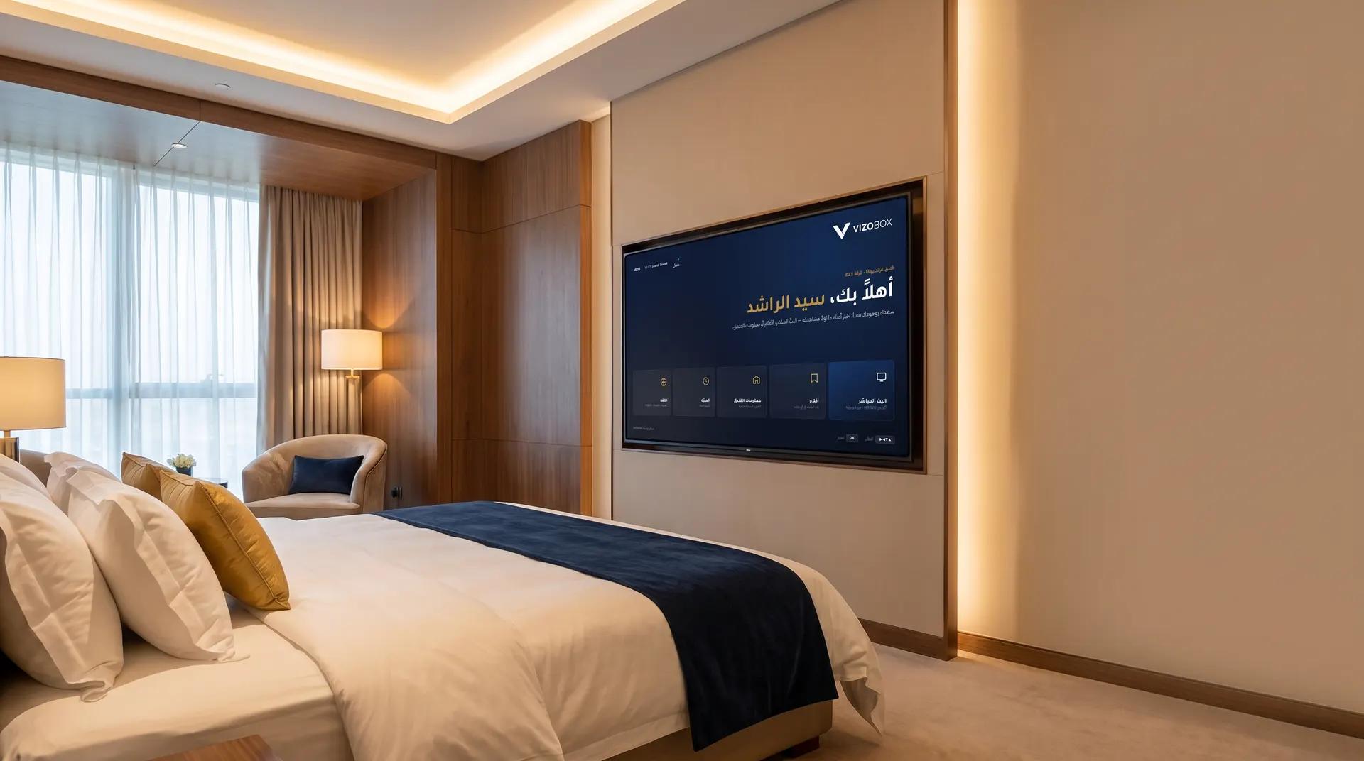 Hotelzimmer mit VIZOBOX-Willkommensbildschirm auf dem Wand-TV
