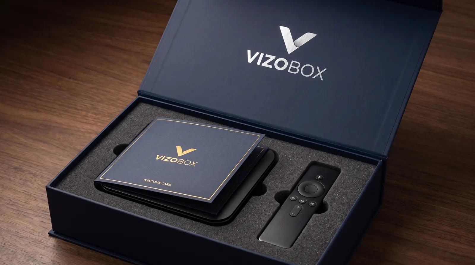 VIZOBOX Unboxing: Box, Fernbedienung und Welcome Card in Premium-Verpackung